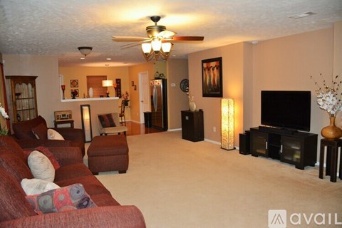 A living room with a red couch and a television.