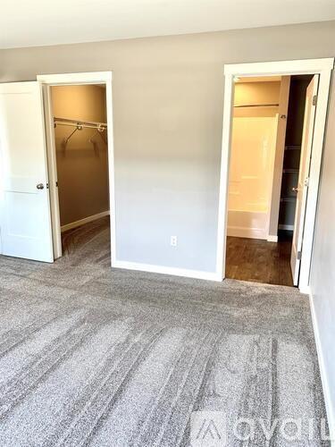 A room with two open doors and a grey carpet.