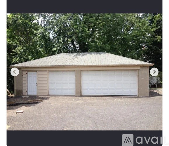 A two-door garage with a metal roof is surrounded by trees.