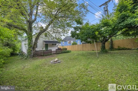 A backyard with a fence and a tree.