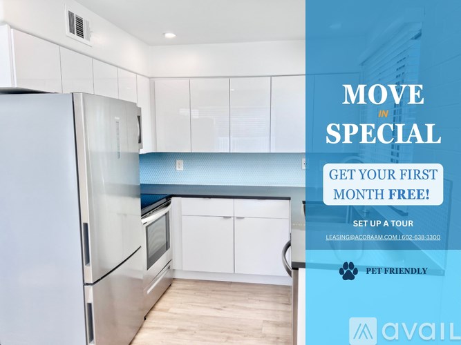 A modern kitchen with a refrigerator, cabinets, and a countertop is advertised for rent.