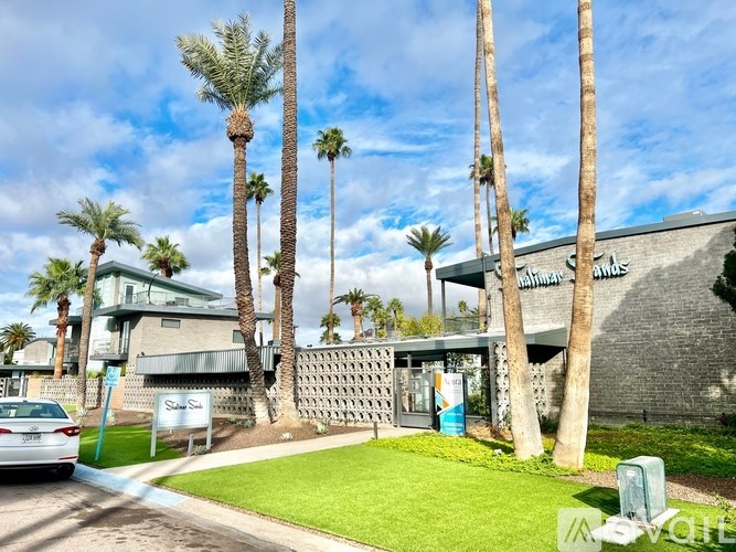 A sunny day at a palm tree lined street with a car parked on the side.