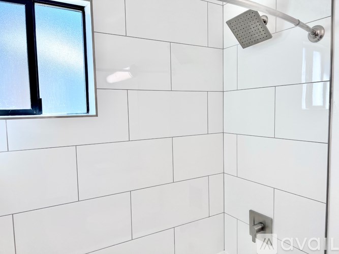 A shower head is mounted on a white tiled wall.