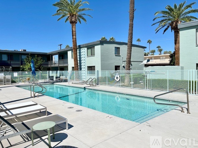 A pool surrounded by palm trees and lounge chairs.