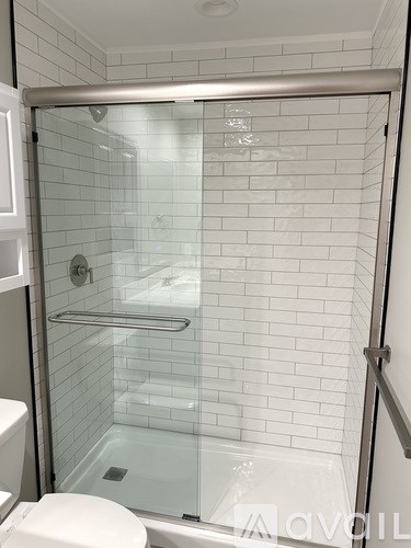 A white toilet is next to a glass shower door.