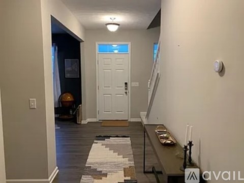 A hallway with a white door and a rug on the floor.