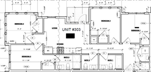 A black and white image of a floor plan for Unit #303.