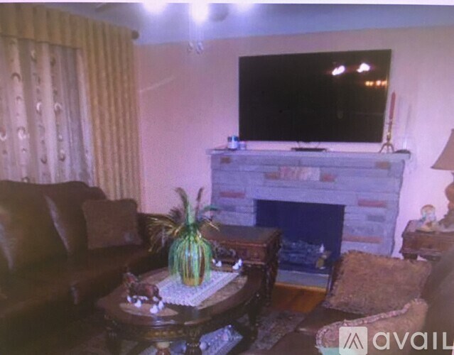 A living room with a couch, a table, a fireplace, and a television.