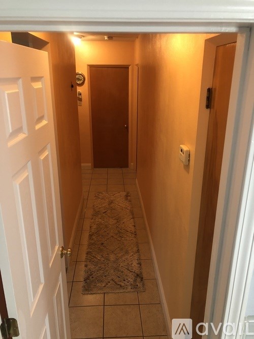 A hallway with a rug on the floor and a wooden door.