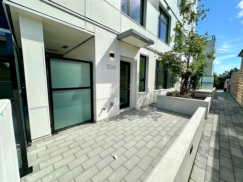 A modern building with a white facade and a tree in front of it.