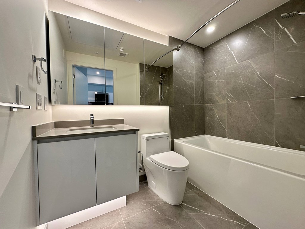 A modern bathroom with a white toilet and a bathtub.