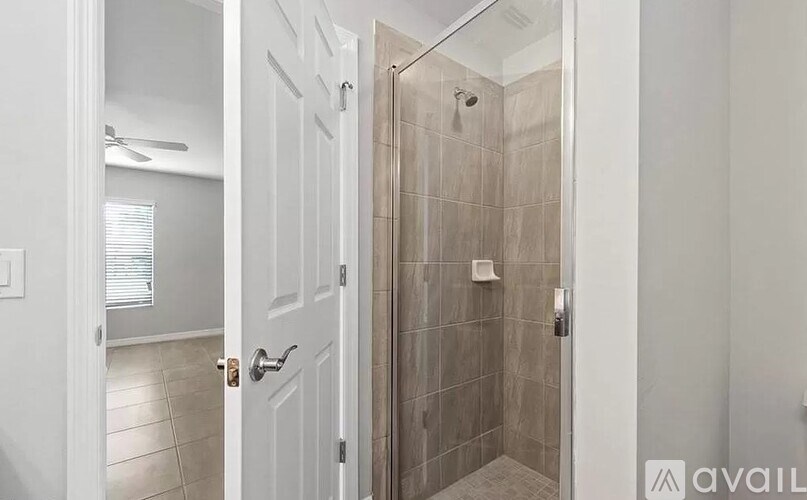 A bathroom with a walk-in shower and a white door.