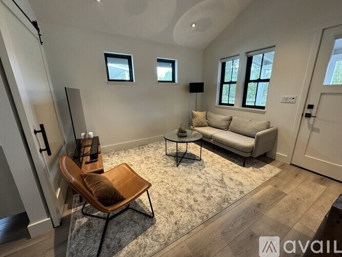 A living room with a sofa, chair, and rug.