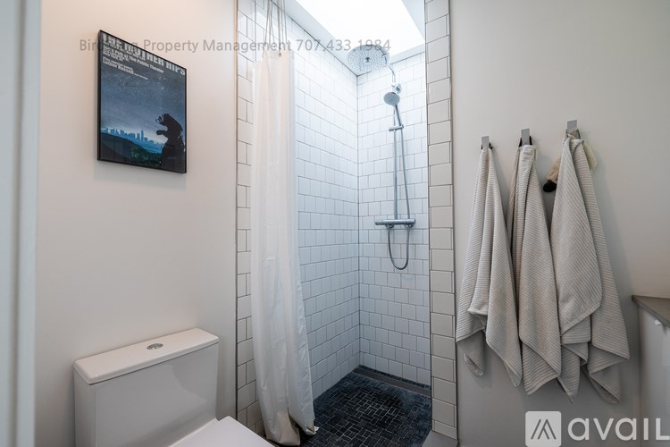 A bathroom with a shower, toilet, and towels.