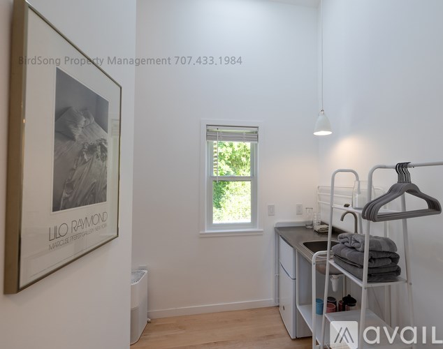 A room with a white wall and a picture of Lilo Ramond hanging on it.