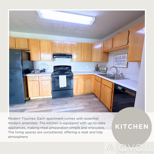 A kitchen with wooden cabinets and appliances.