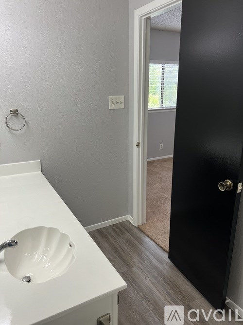A bathroom with a white sink and a black door.