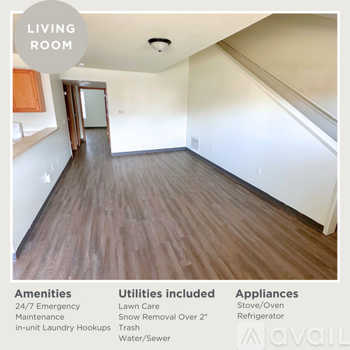 A living room with a list of amenities and appliances.