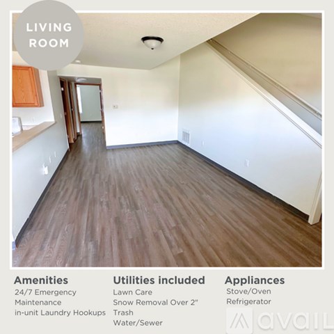 A living room with a list of amenities and appliances.