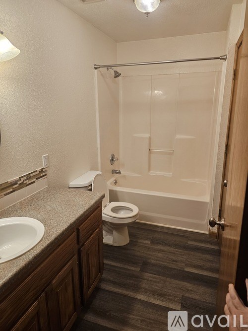 A bathroom with a toilet, sink, and shower.