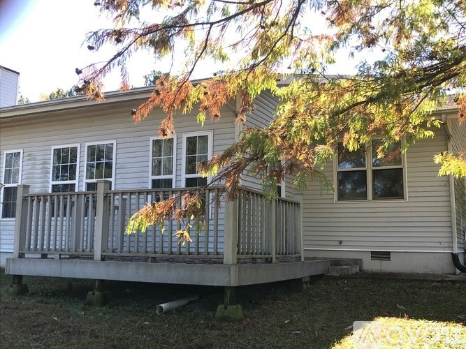 A house with a porch and a tree branch in the foreground.