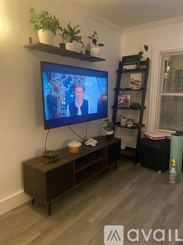 A living room with a flat screen TV on a wooden stand.
