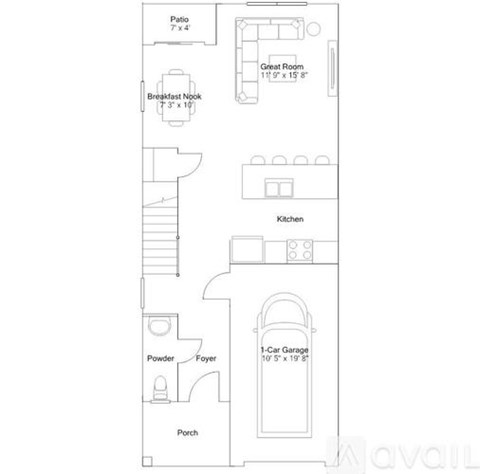 A floor plan of a house with a patio, great room, kitchen, 1-car garage, powder, foyer, and porch.