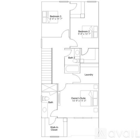 A floor plan of a home with three bedrooms, a laundry room, and a walk-in closet.