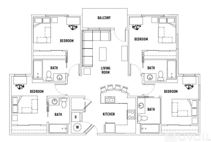 A floor plan of an apartment with three bedrooms, a living room, a kitchen, and a balcony.