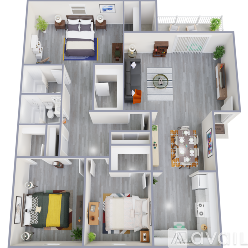 A 3D floor plan of a house with a kitchen, living room, and bedrooms.