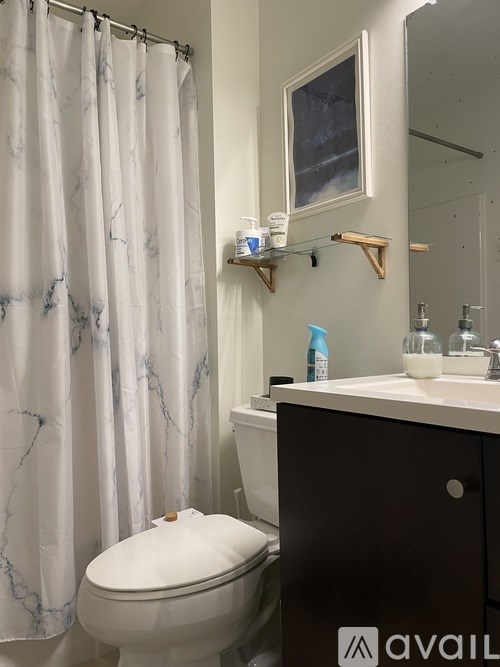 A bathroom with a toilet, sink, and shower curtain.