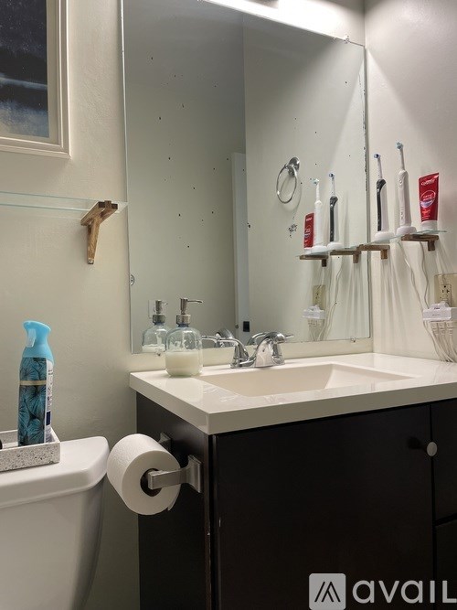 A bathroom with a sink, mirror, and toilet paper holder.