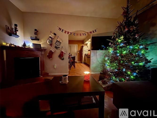A Christmas tree is lit up in a living room.