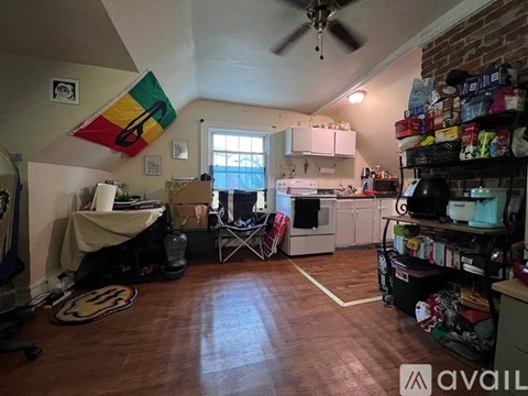 A room with a ceiling fan and a flag hanging on the wall.