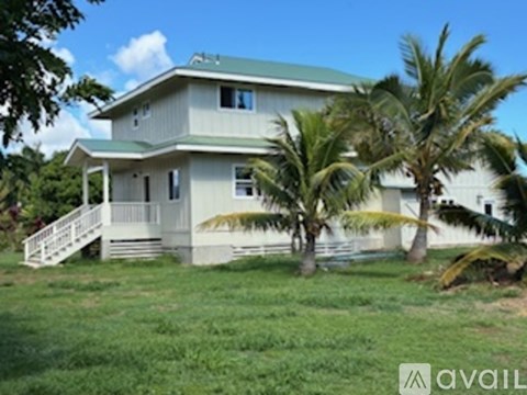 A house with a green roof and white walls is surrounded by palm trees.