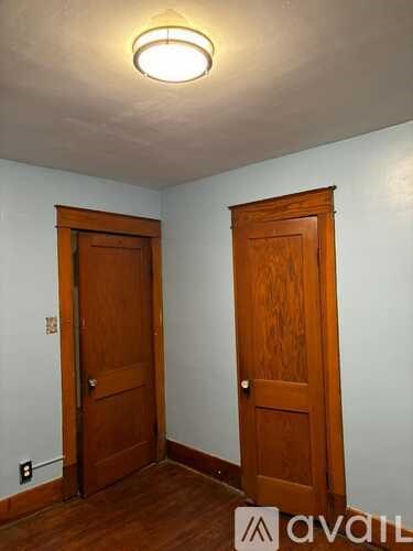 Two wooden doors in a room with a ceiling light.