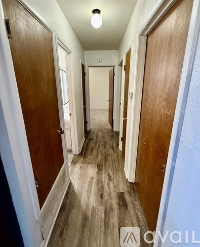 A long hallway with wooden doors on both sides.