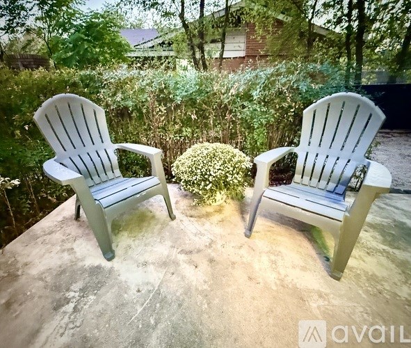 Two white chairs are placed on a concrete surface with a green bush in the background.