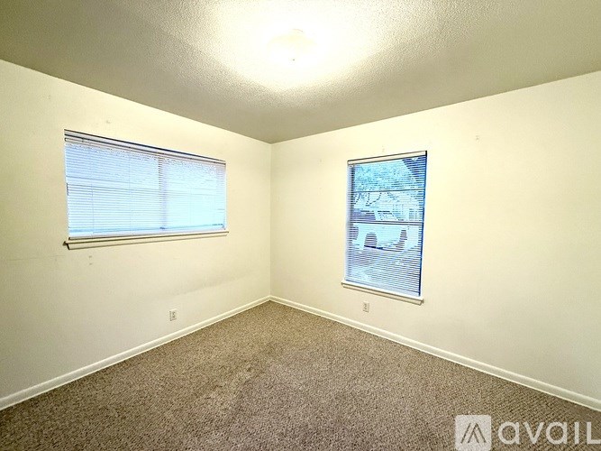 A room with a carpeted floor, a window with blinds, and a picture on the wall.