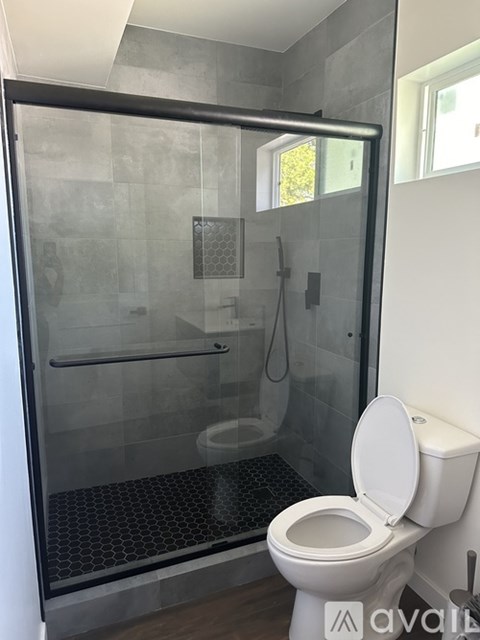 A white toilet is next to a walk-in shower.