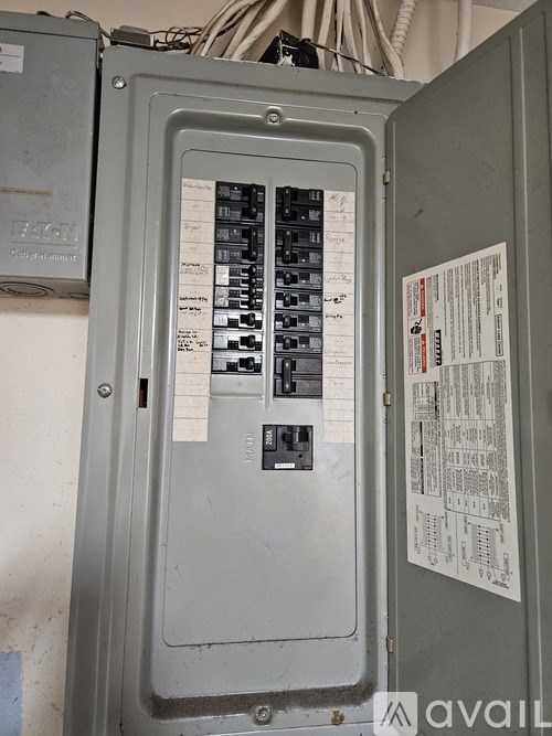 A grey electrical panel with a paper on the right side.