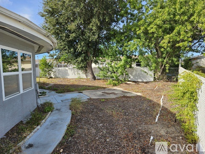 A backyard with a tree and a concrete path.