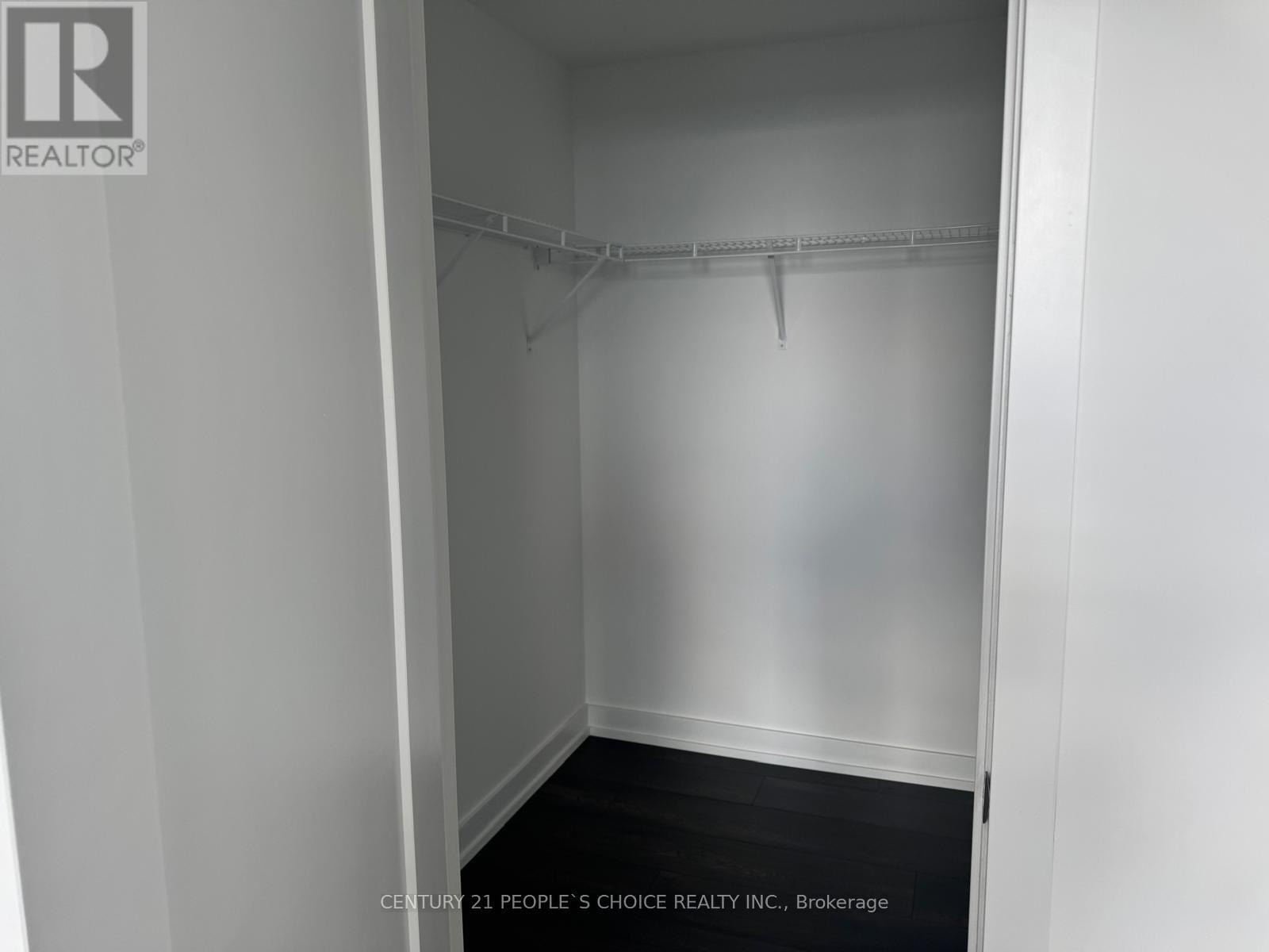 A white closet with a black carpet and a white door.