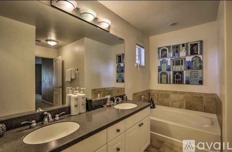A bathroom with a tub, sink, mirror, and a picture on the wall.