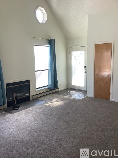 A room with a fireplace and a carpeted floor.