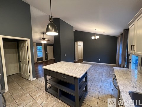A kitchen with a marble countertop and a large island.