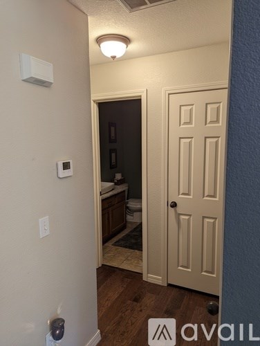 A white door is in a hallway with a light on the ceiling.