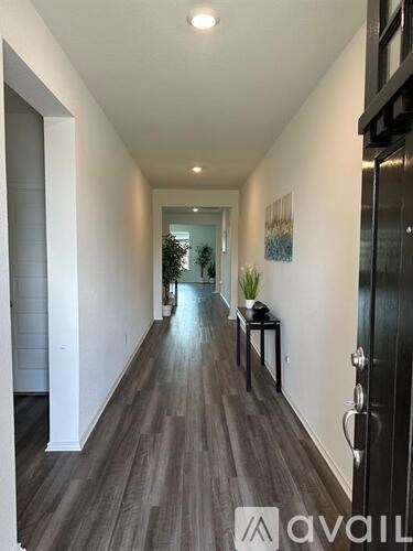 A long hallway with a black door on the right.