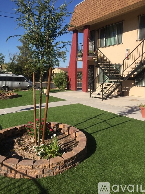 A small tree in a flower bed in front of a building.