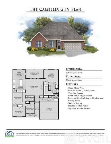 The image shows a floor plan for a Camellia G IV Plan house with a living area of 2204 square feet and a total area of 2946 square feet, featuring an open floor plan, four bedrooms,